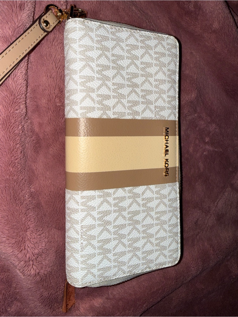 Michael Kors White and Tan Signature Stripe Wristlet Wallet